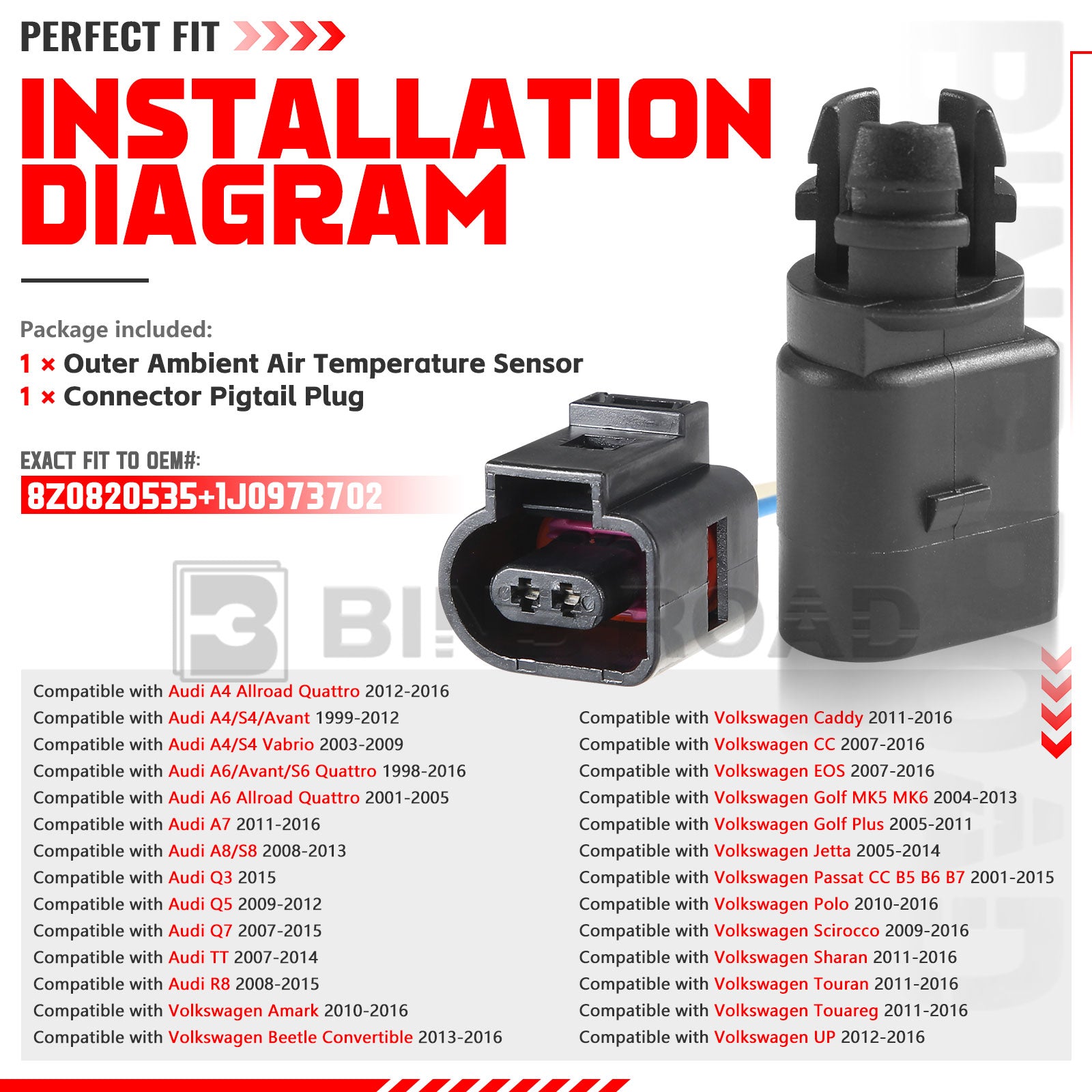 8Z0820535 + 1J0973702 Outside Ambient Air Temperature Sensor with Plug