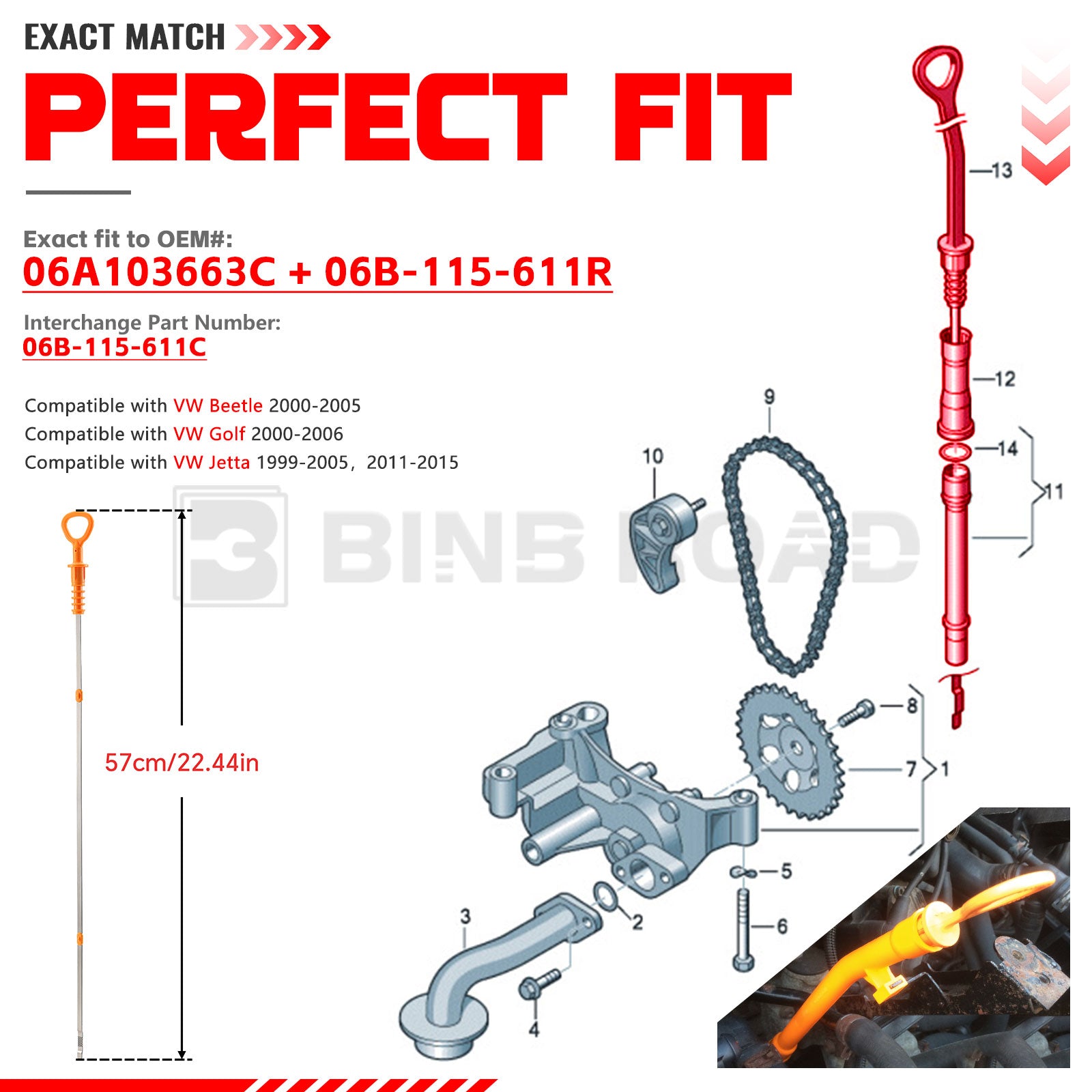 06A103663C + 06B-115-611R Engine Oil Fluid Dipstick and Oil Dipstick Funnel Tube