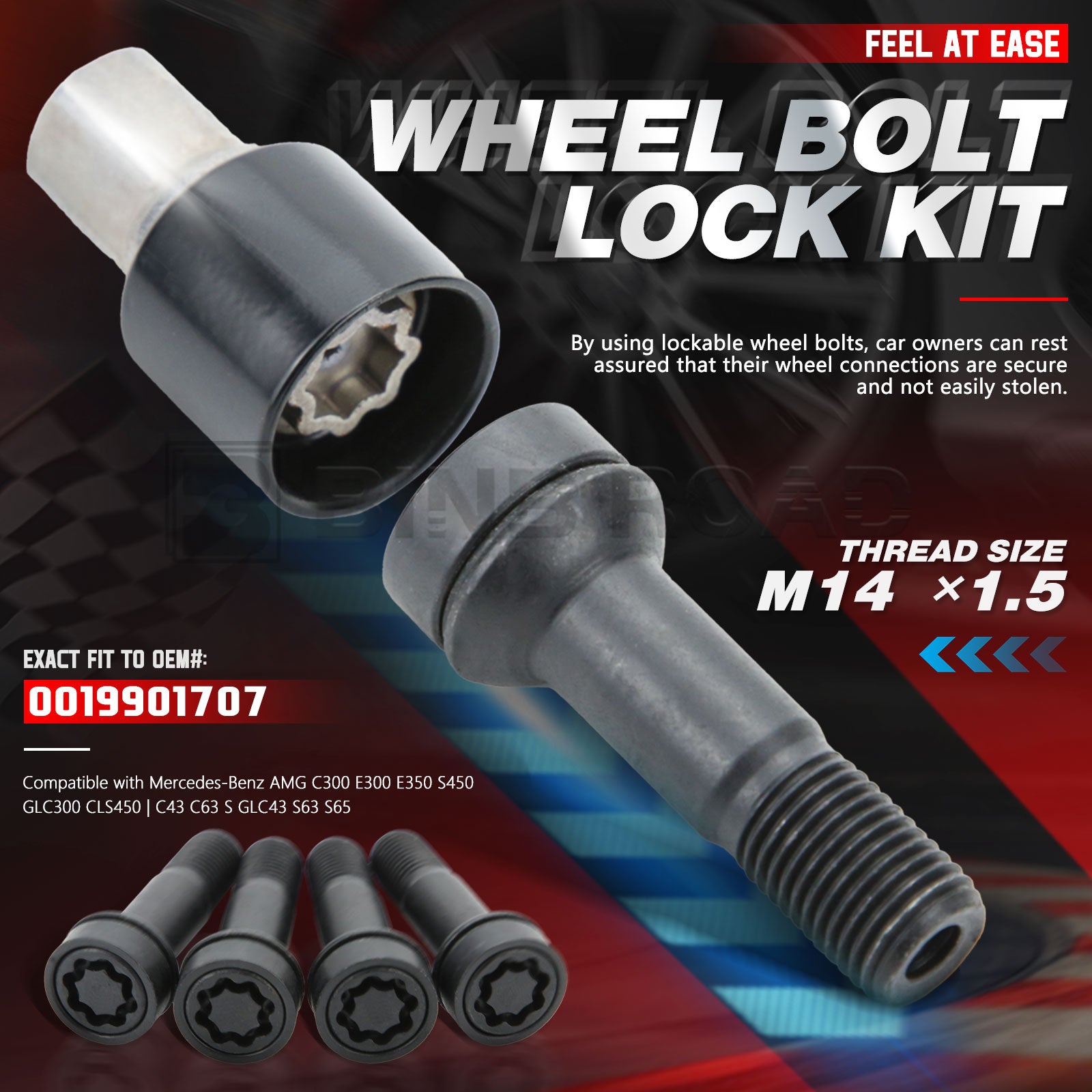 US 0019901707 A0019901707 Lockable Wheel Bolt Rim Locks M14 X 1.5