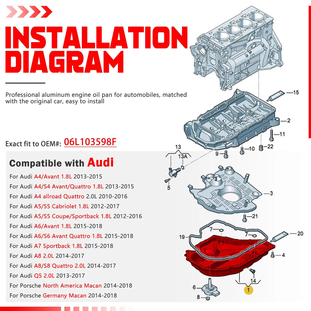 BINB ROAD Aluminum Engine Oil Pan Lower Compatible with Audi A4 A5 A6 Quattro Q5 Engine L4 (Replaces 06L103598F)