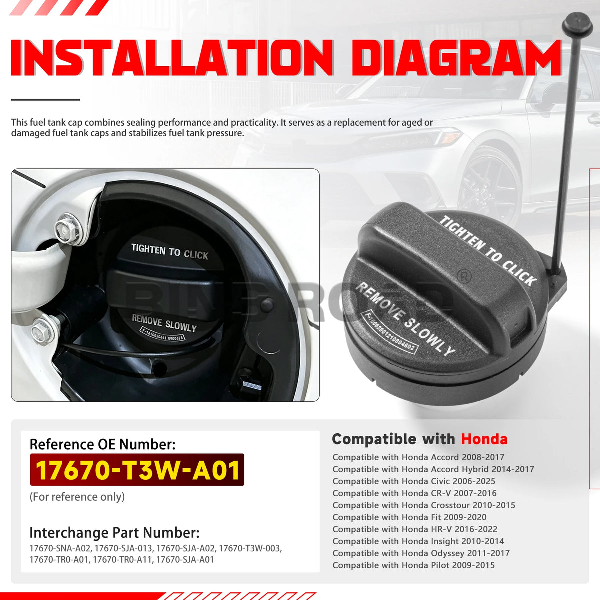 17670-T3W-A01 Gas Cap Fuel Cap