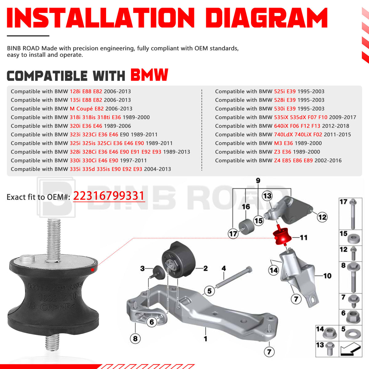 22316799331 Rear Transmission Mounts Bushings-2Pcs