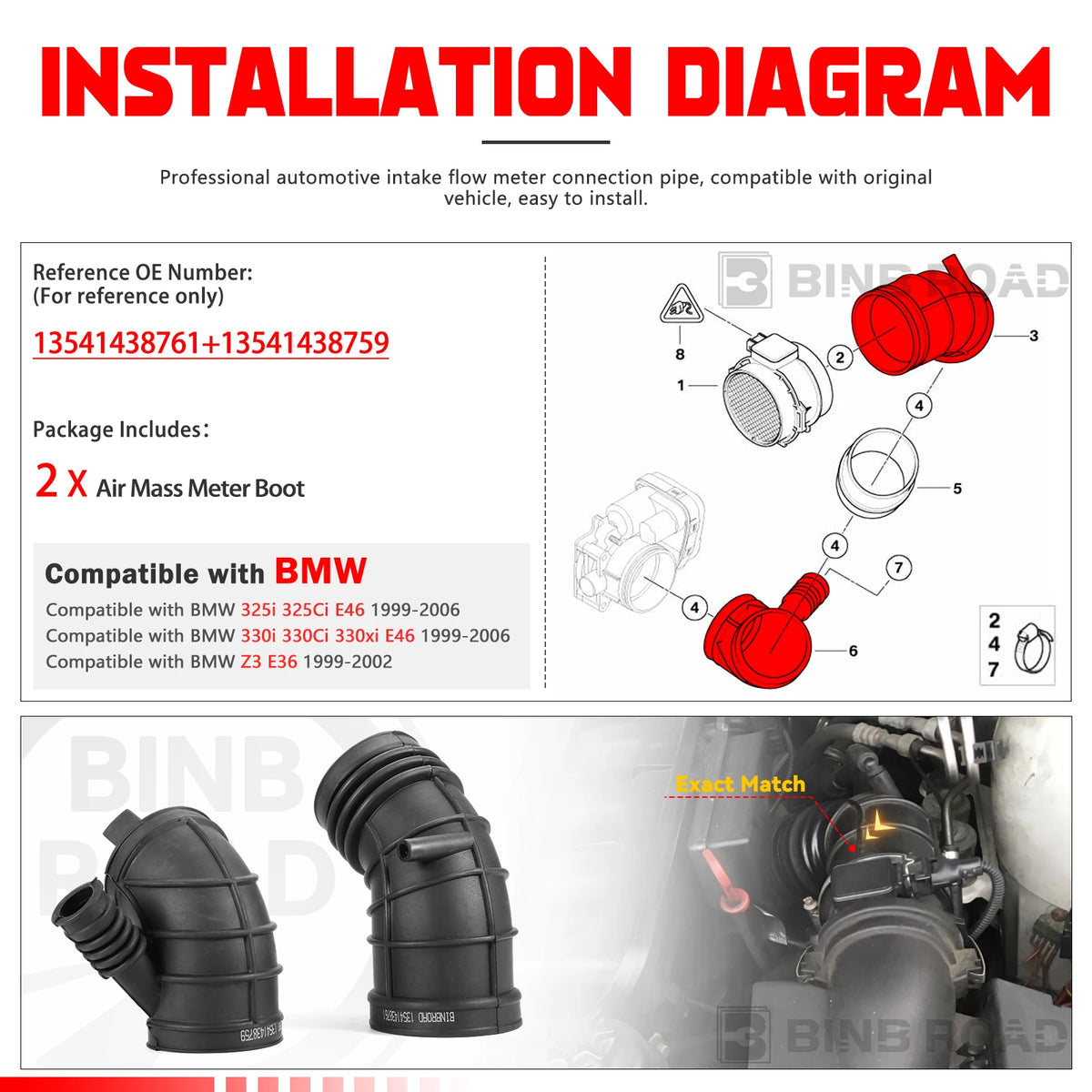 US 13541438761 + 13541438759 Intake Air Flow Mass Meter Boot