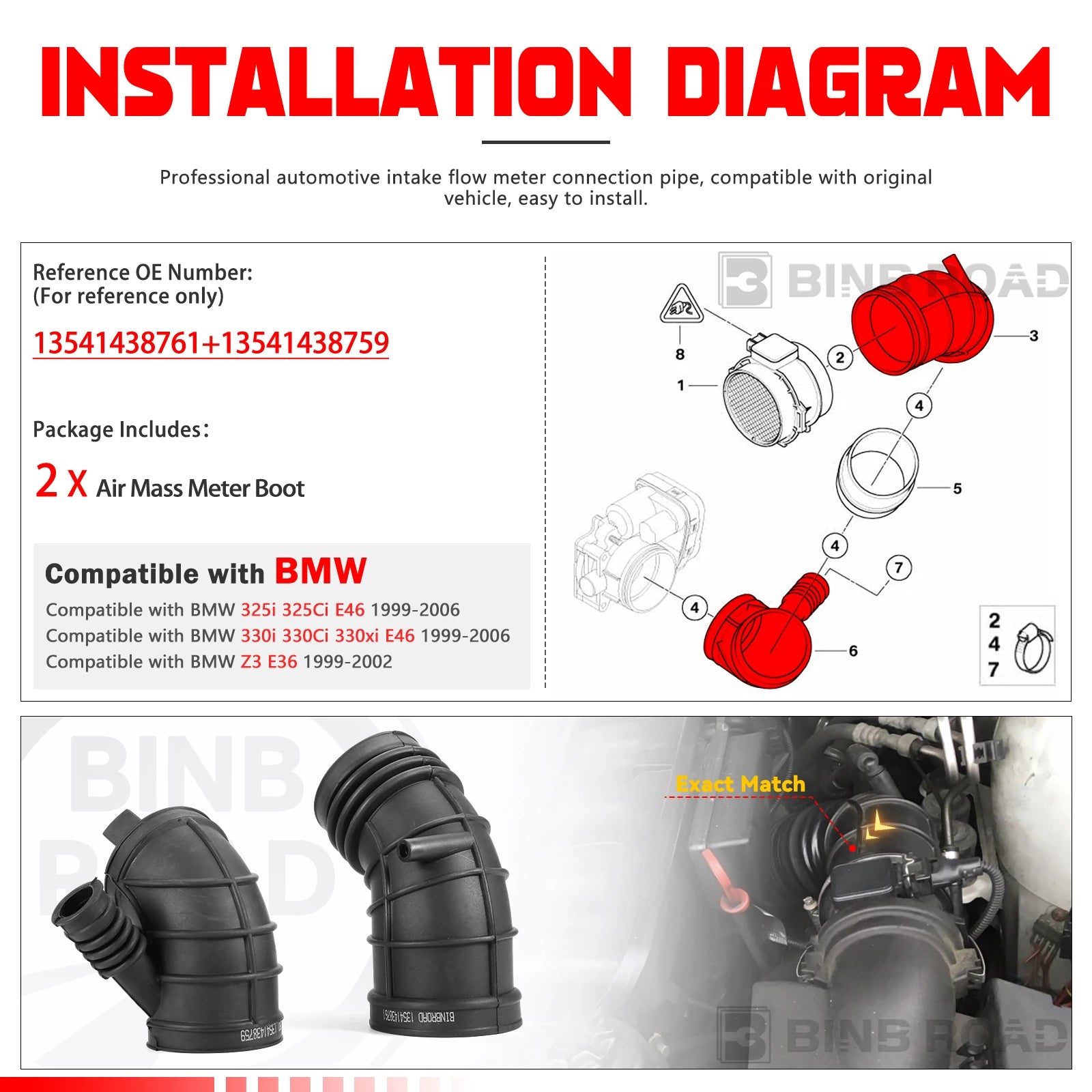 US 13541438761 + 13541438759 Intake Air Flow Mass Meter Boot