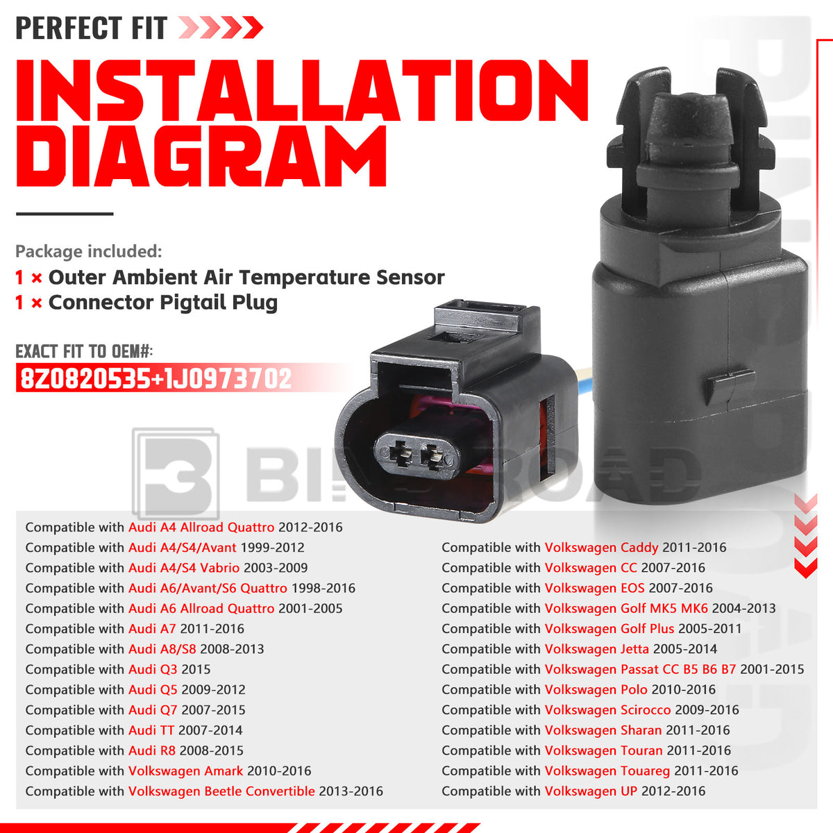 8Z0820535 + 1J0973702 Outside Ambient Air Temperature Sensor with Plug