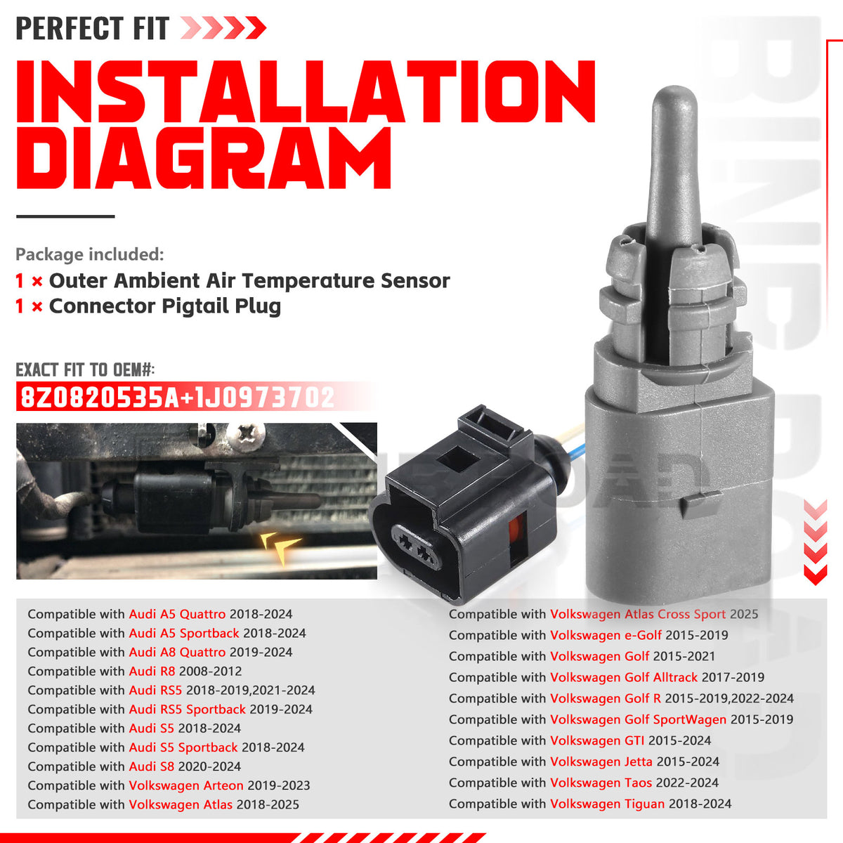 8Z0820535A + 1J0973702 Outside Ambient Air Temperature Sensor with Plug