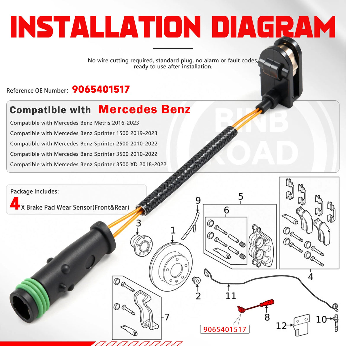 US 9065401517 4Pcs Brake Pad Wear Sensor