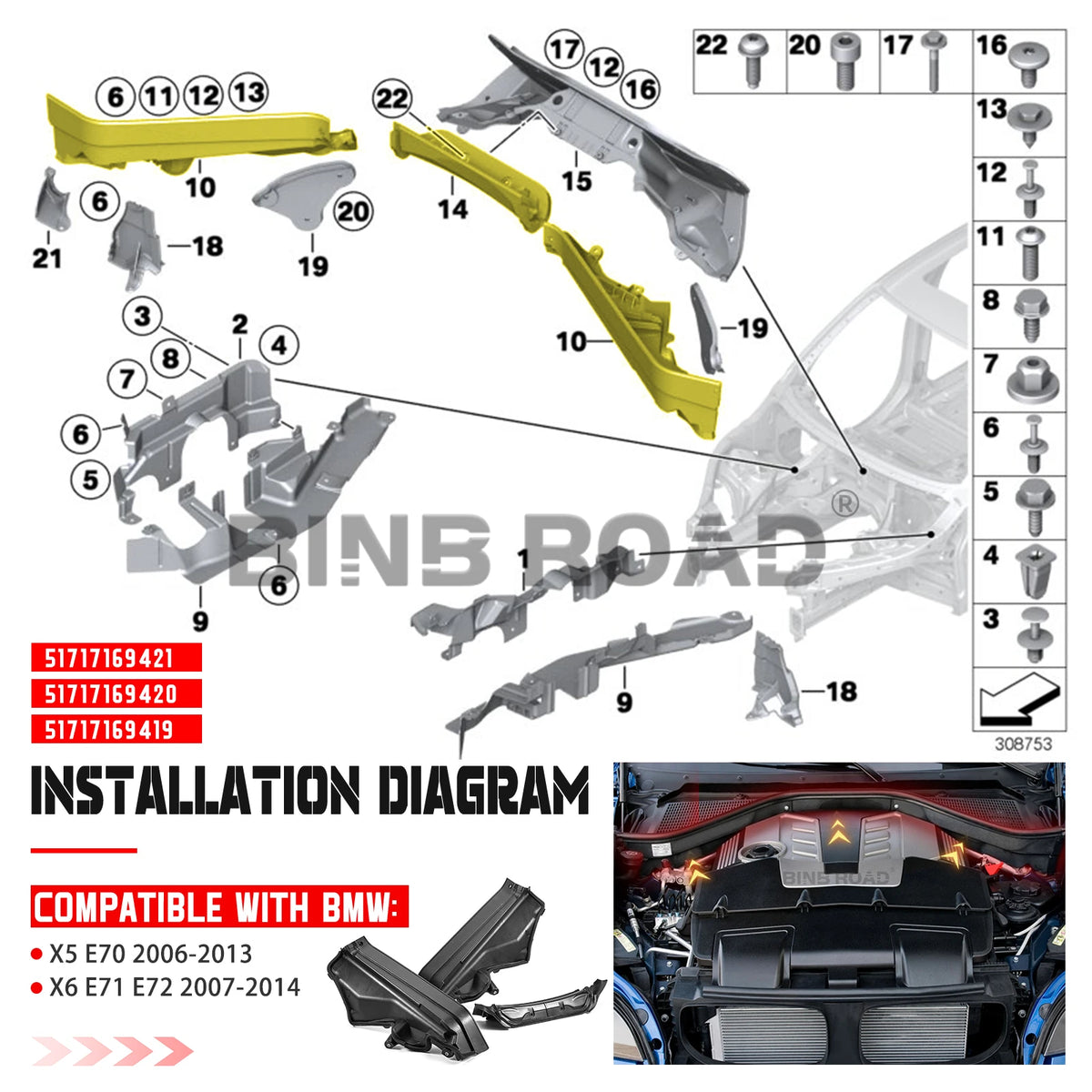 51717169419 + 51717169420 + 51717169421 3PCS Engine Upper Compartment Partition Panel Set
