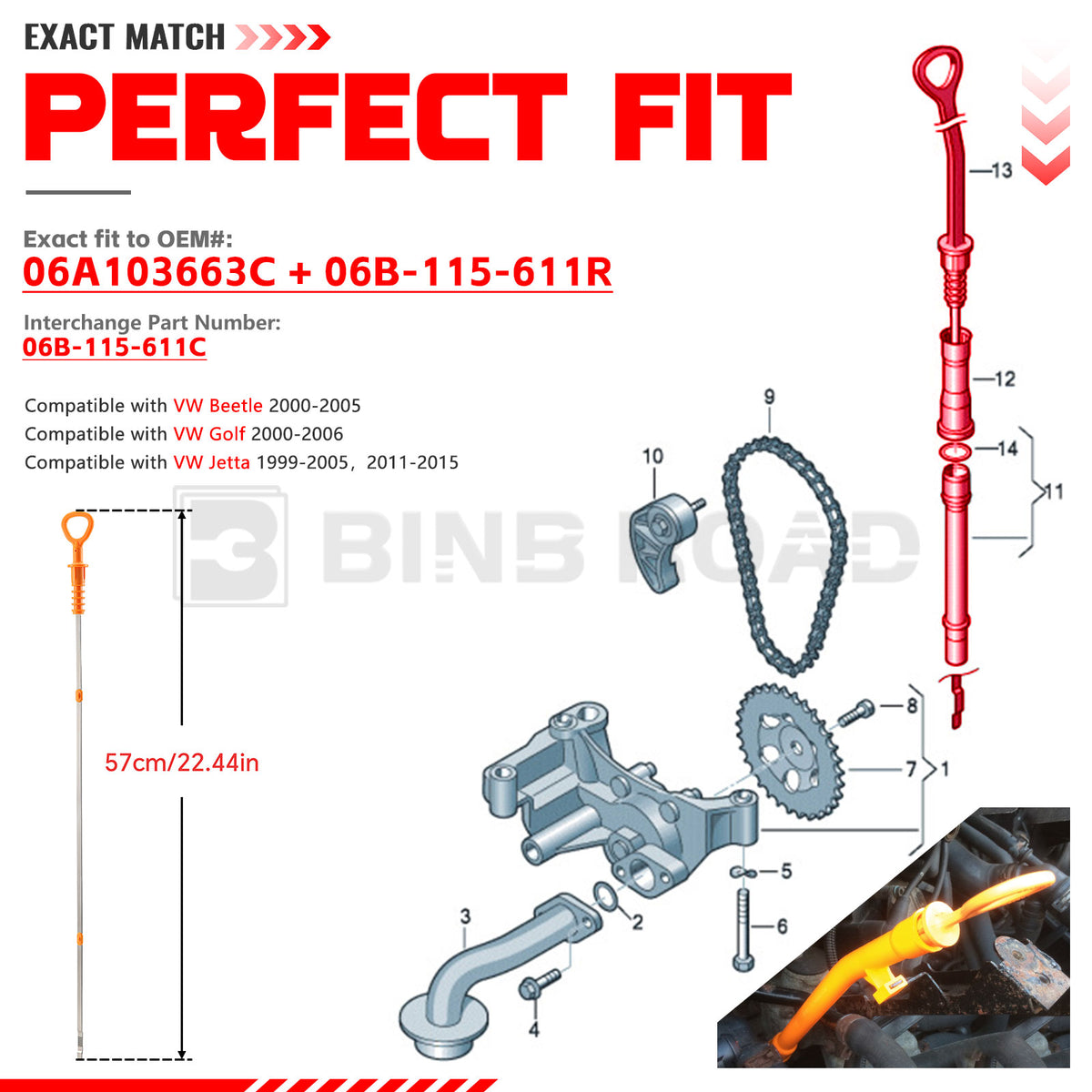 06A103663C + 06B-115-611R Engine Oil Fluid Dipstick and Oil Dipstick Funnel Tube