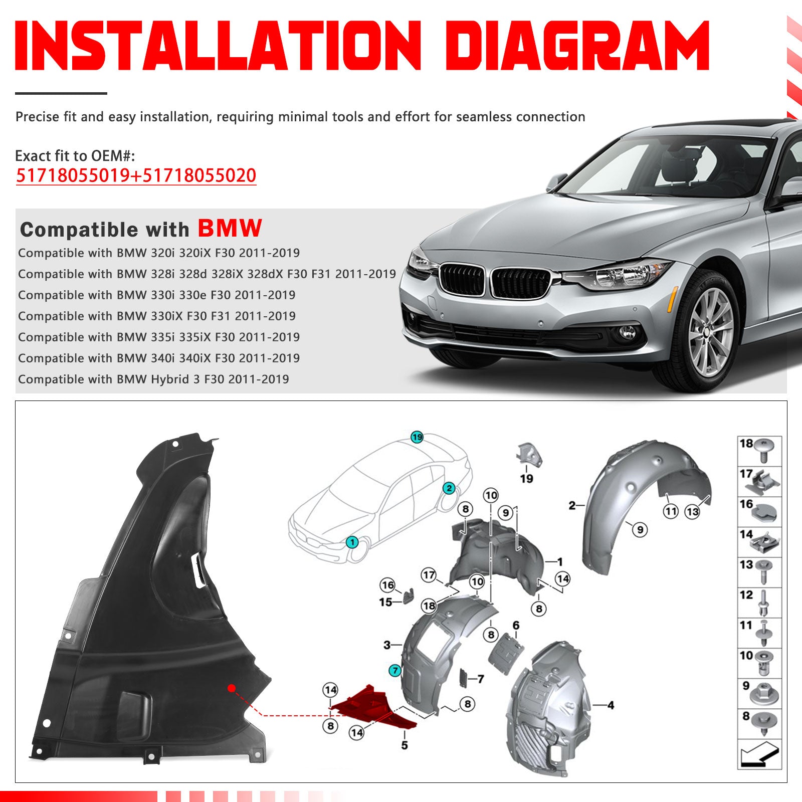 US 51718055019 + 51718055020 2Pcs Front Splash Shield Inner Fender Liner