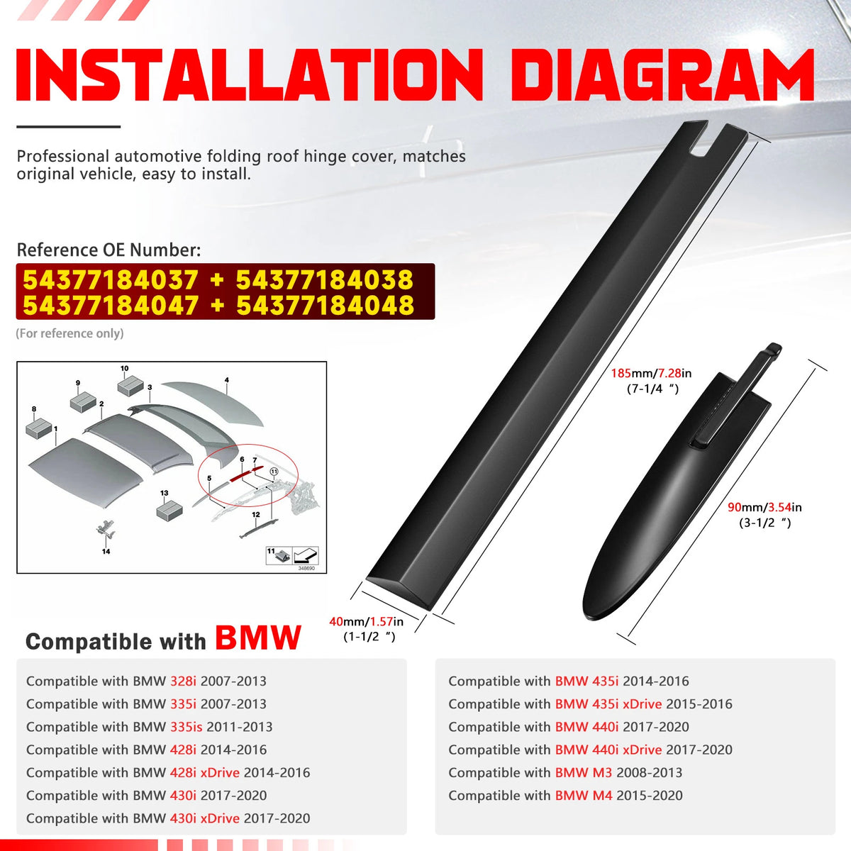 BINB ROAD Convertible Roof Top Hinge Cover Kit Compatible with BMW 328i 335i M3 428i 430i 435i 440i M4 E93 F33 F83 2007-2019,Black (Replaces 54377184037 54377184047)