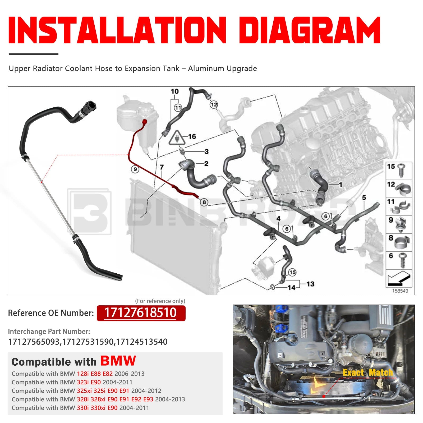 17127618510 Expansion Tank to Upper Radiator Water Hose,Aluminum