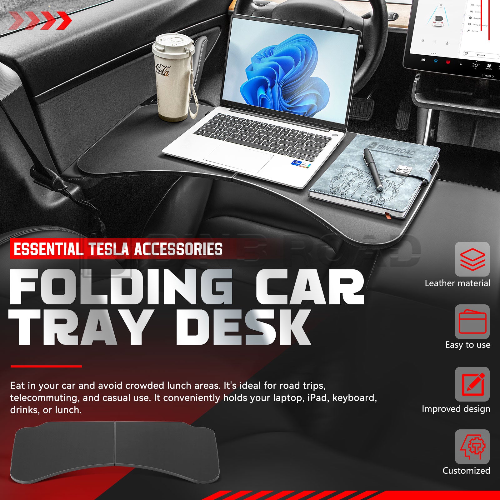 Car Folding Tray Table Leather Compatible with Tesla Model 3 Y