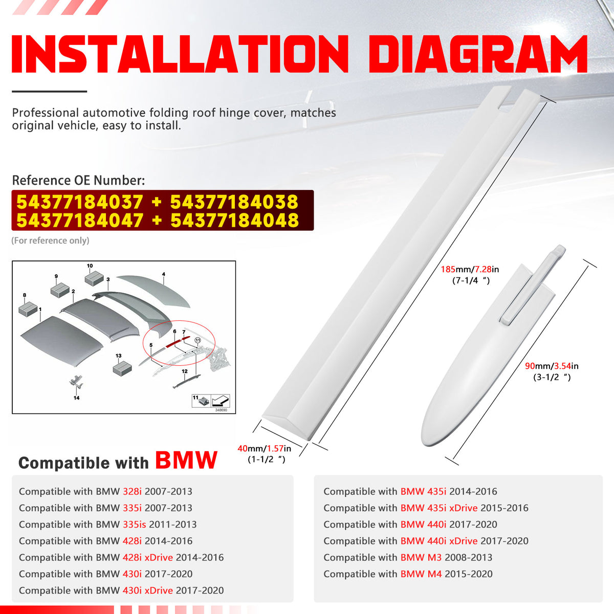 BINB ROAD Convertible Roof Top Hinge Cover Kit Compatible with BMW 328i 335i M3 428i 430i 435i 440i M4 E93 F33 F83 2007-2019,White (Replaces 54377184037 54377184047)