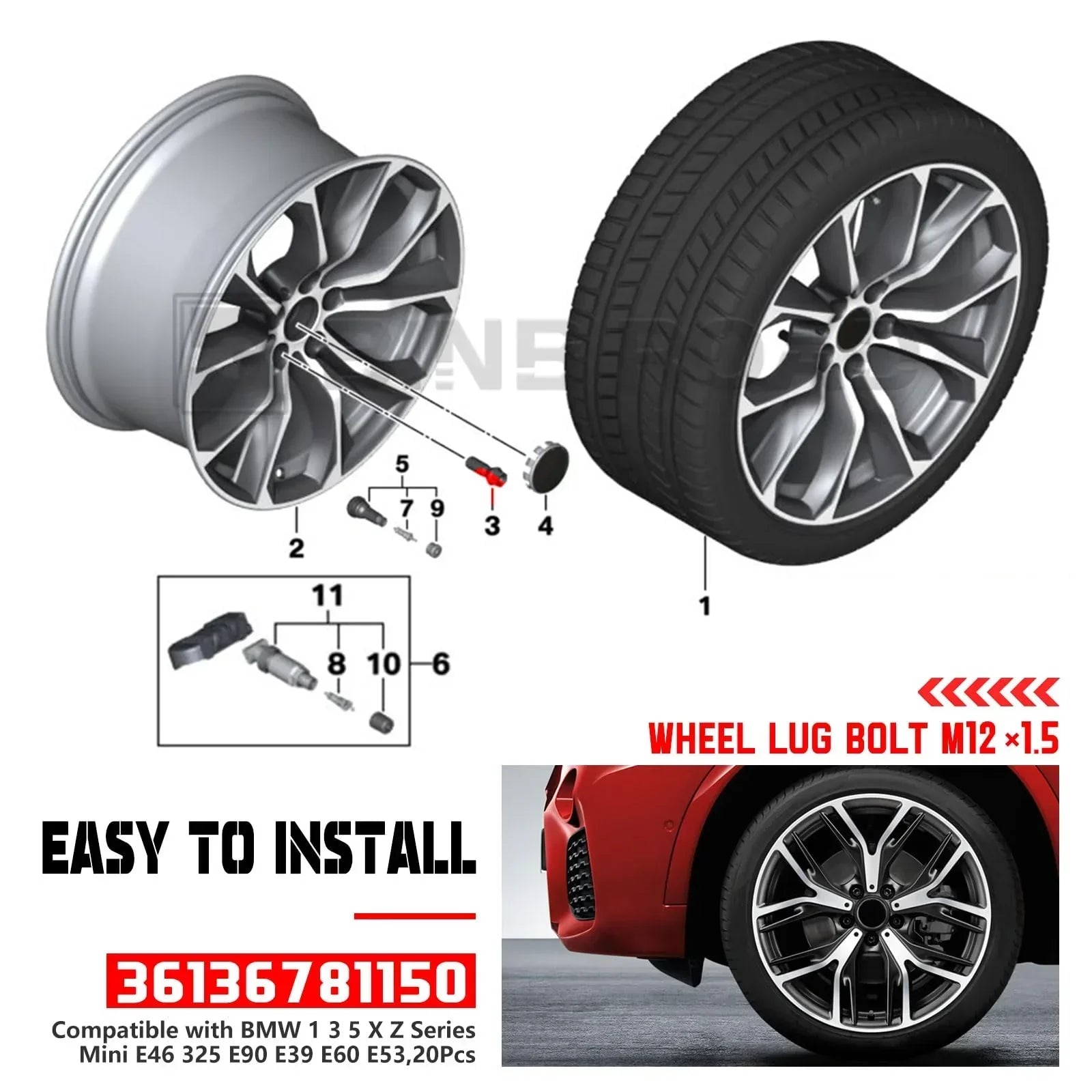 36136781150 Wheel Lug Bolt M12×1.5 Black