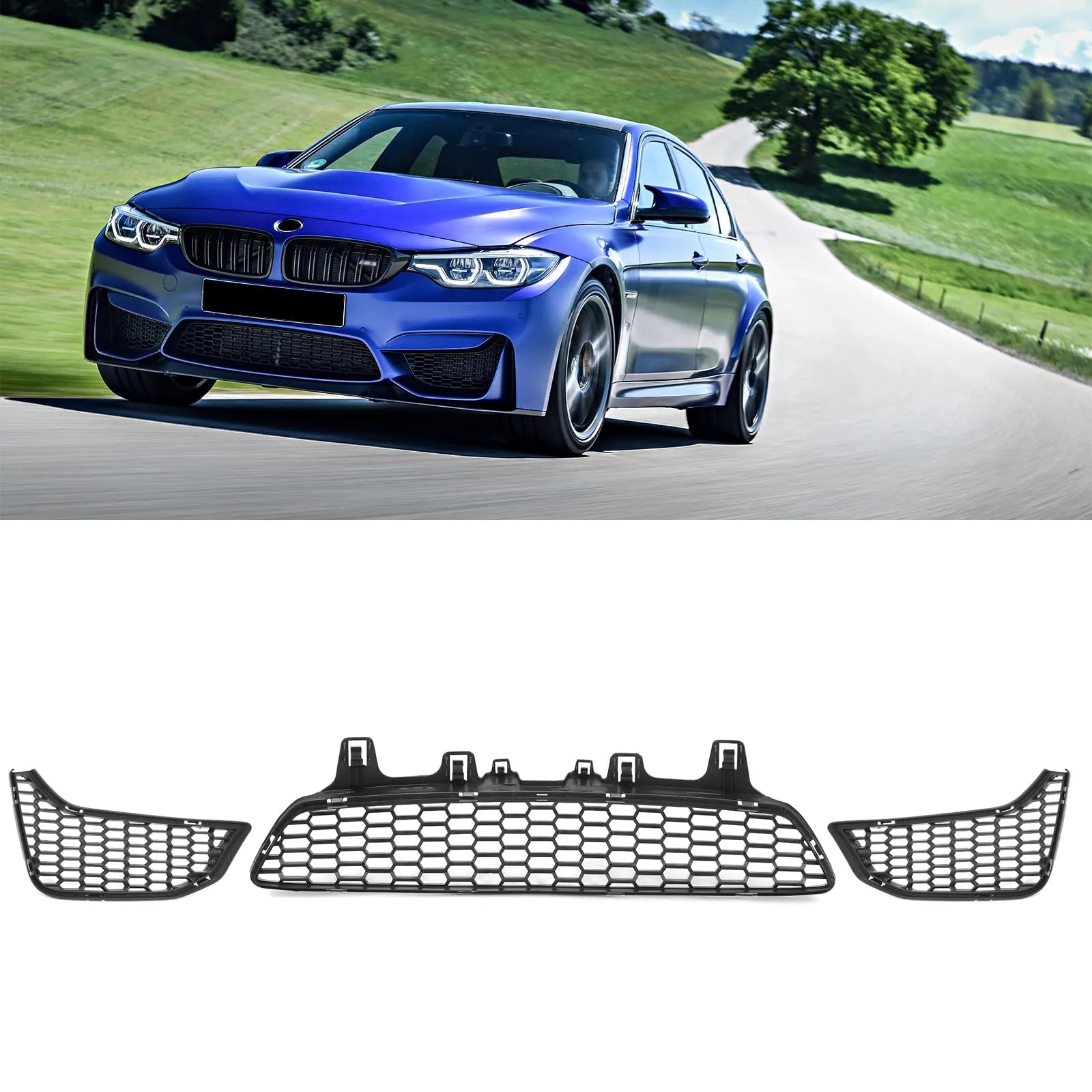 3Pcs 51118054301 + 51118054302 + 51118054294 Front Bumper Air Intake Open Mesh Grille