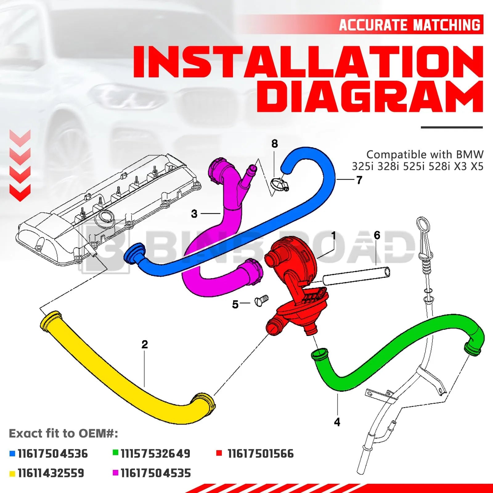 5-teiliges Kurbelgehäuse-Entlüftungsventil- und Entlüftungsschlauch-Kit 11617504536 + 11611432559 + 11157532649 + 11617504535 + 11617501566 