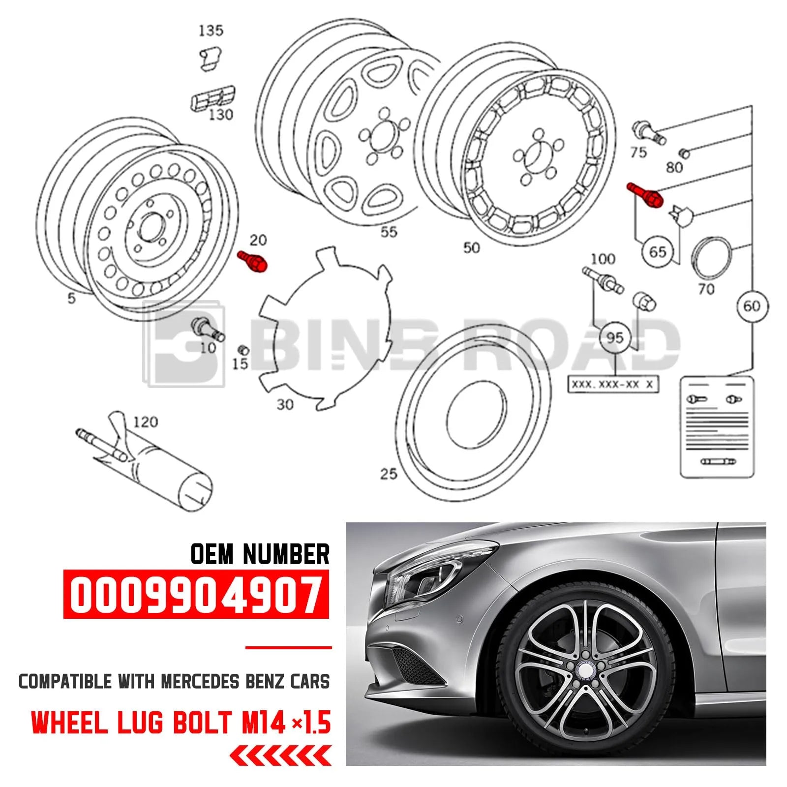 M14 x 1.5 Wheel Lug Bolts Nuts 0009904907