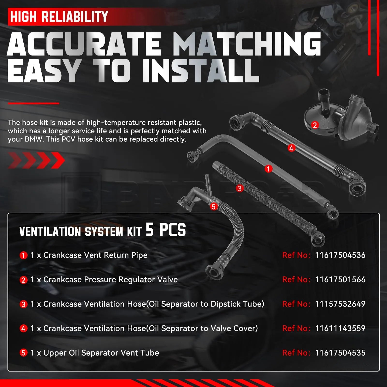 5-teiliges Kurbelgehäuse-Entlüftungsventil- und Entlüftungsschlauch-Kit 11617504536 + 11611432559 + 11157532649 + 11617504535 + 11617501566 